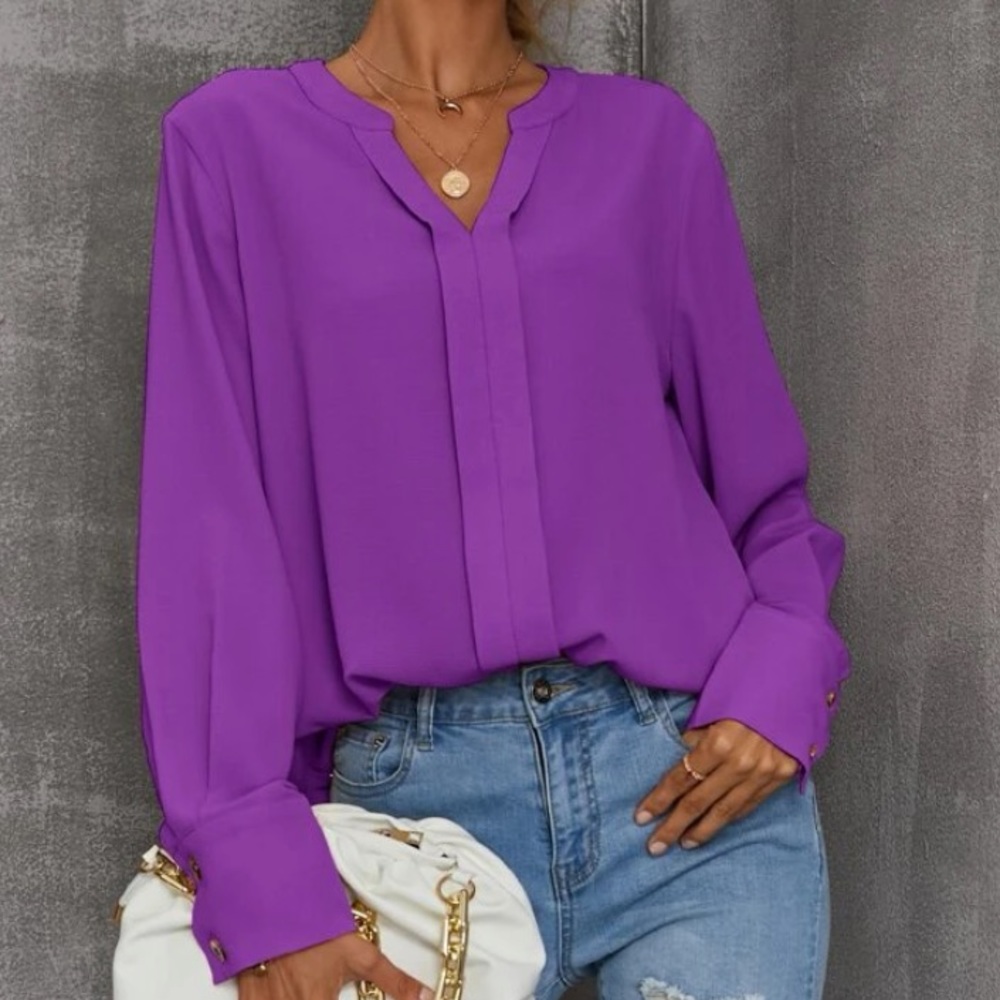 NWT Purple notched v neck long sleeve top - Picture 2 of 5